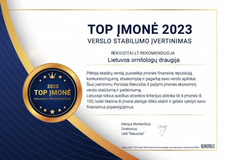 Džiaugiamės įvertinimu: Lietuvos ornitologų draugija yra tarp 2023 metų TOP įmonių!